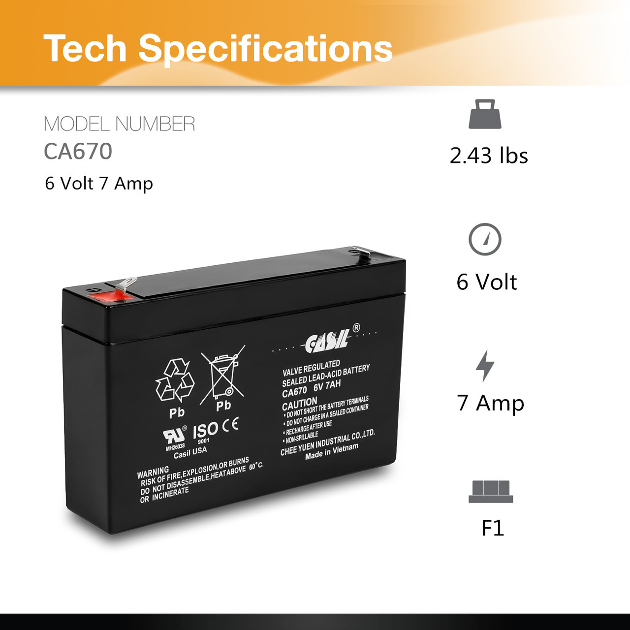 Casil 6V 7Ah SLA Replacement Battery for Enduring 3FM7