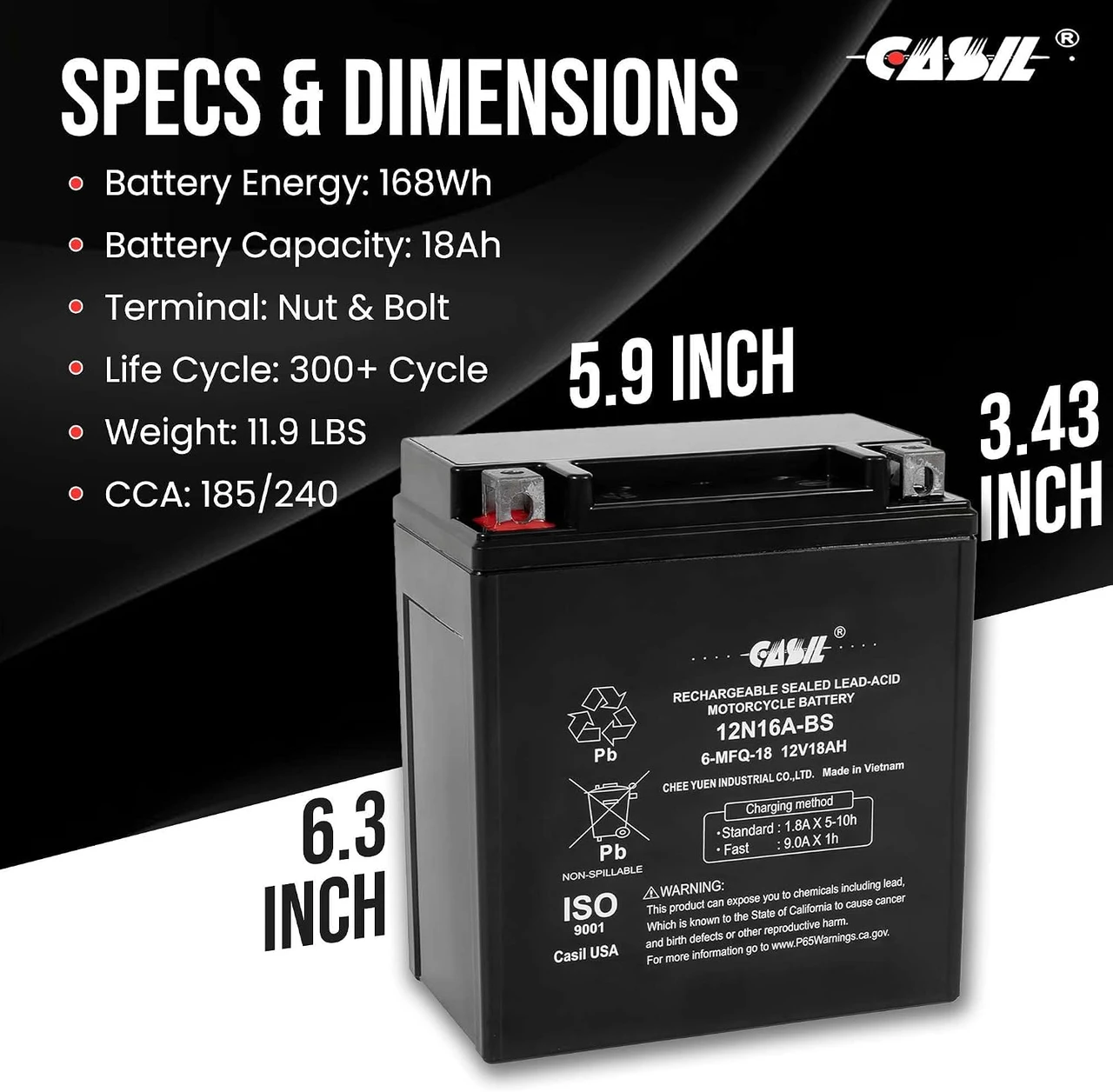 YTX16-BS -12 Volt 18 AH, Rechargeable Maintenance Free SLA AGM Motorcycle Battery Replace for FTH16-BS-1, FTZ16-BS-1