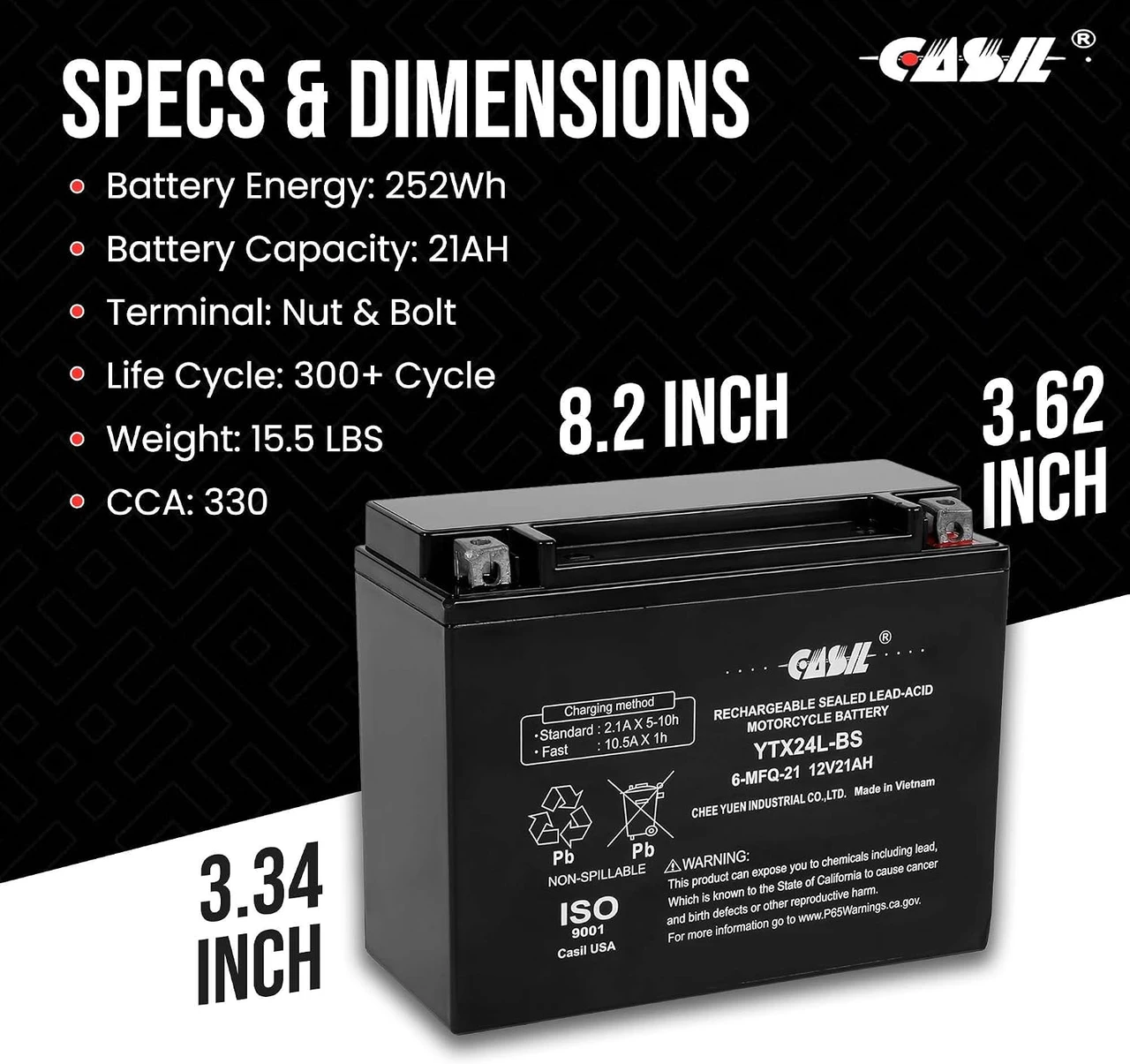 Casil YTX24HL-BS Motorcycle Battery, 12v 21ah Power Sports Battery Replaces Yamaha Virago XV 920,1000,1100 XVZ Venture Royale (YTX24HL)