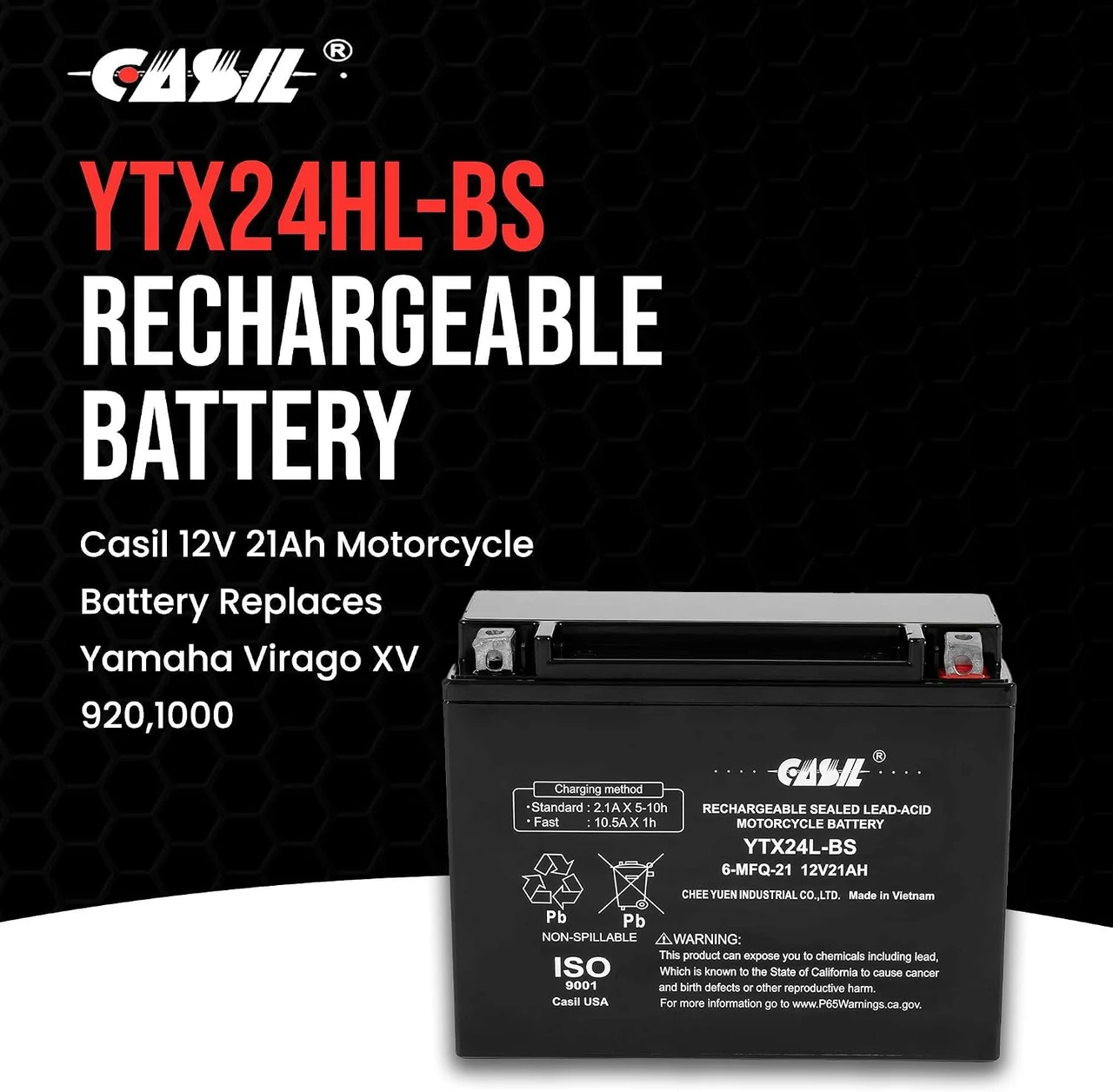 Casil YTX24HL-BS Motorcycle Battery, 12v 21ah Power Sports Battery Replaces Yamaha Virago XV 920,1000,1100 XVZ Venture Royale (YTX24HL)
