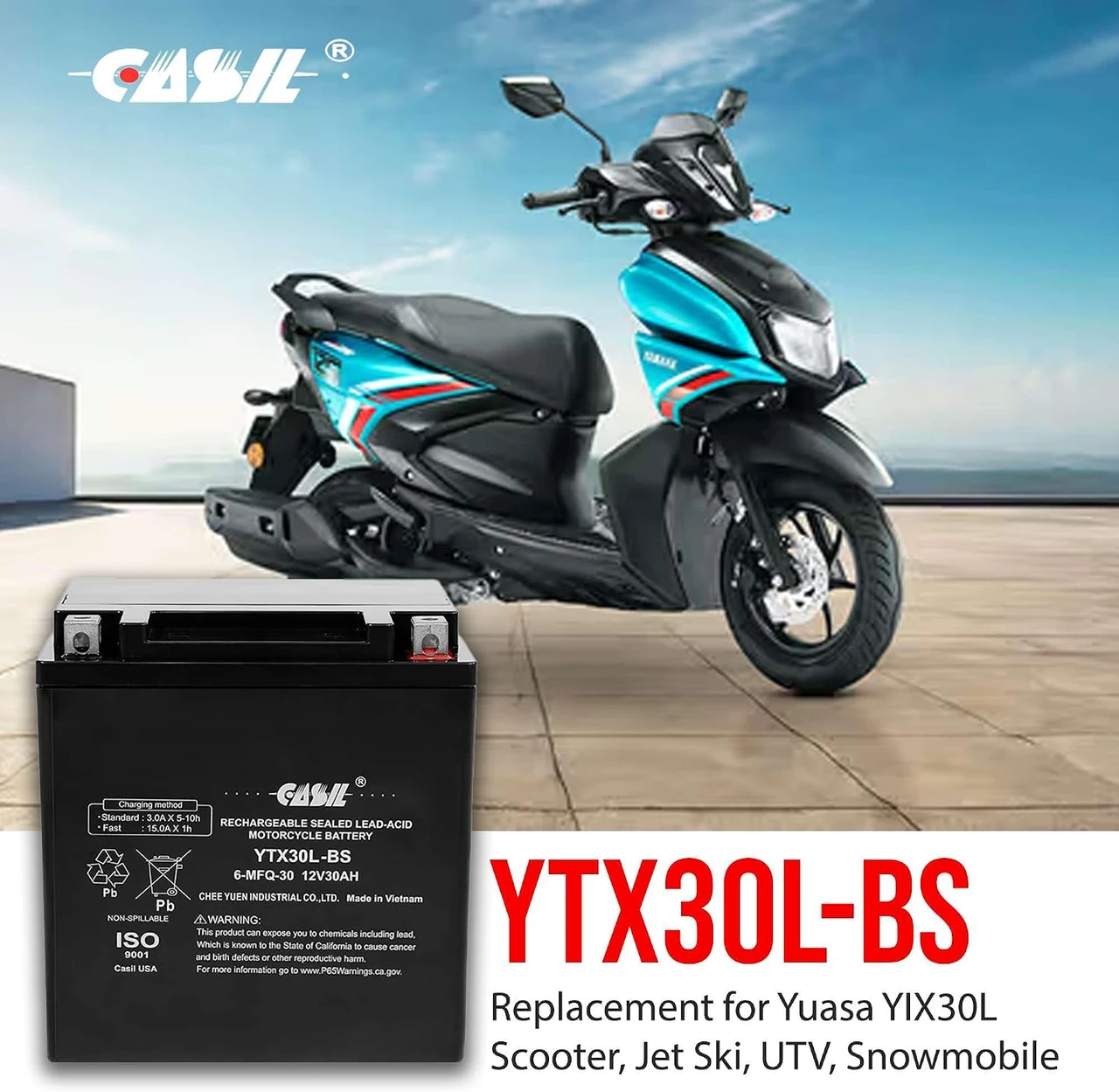 Casil YTX30L-BS Power Sports Replacement Yuasa YIX30L Motorcycle Battery - Maintenance Free - Sealed AGM Battery ETX30L BS