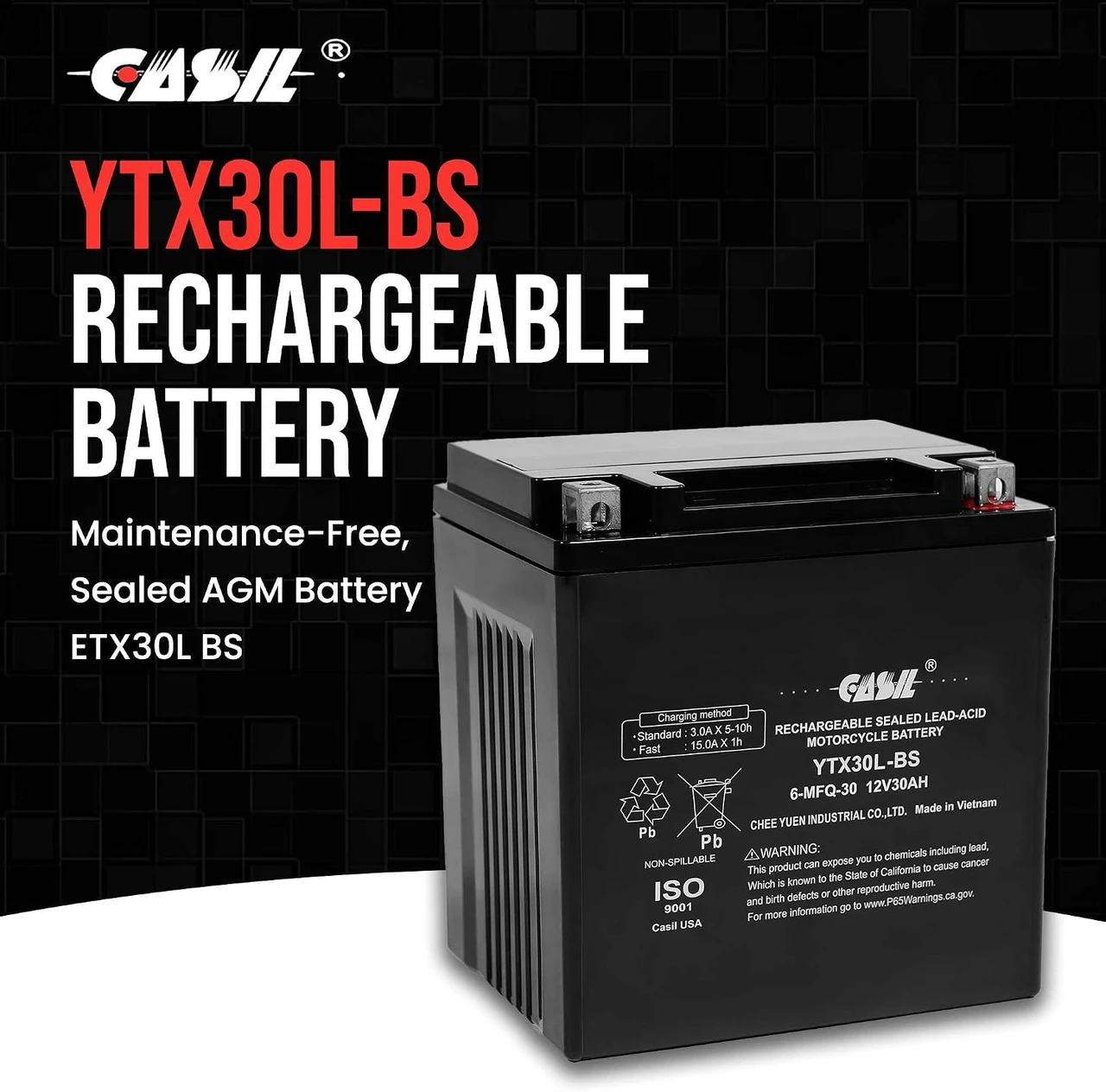 Casil YTX30L-BS Power Sports Replacement Yuasa YIX30L Motorcycle Battery - Maintenance Free - Sealed AGM Battery ETX30L BS
