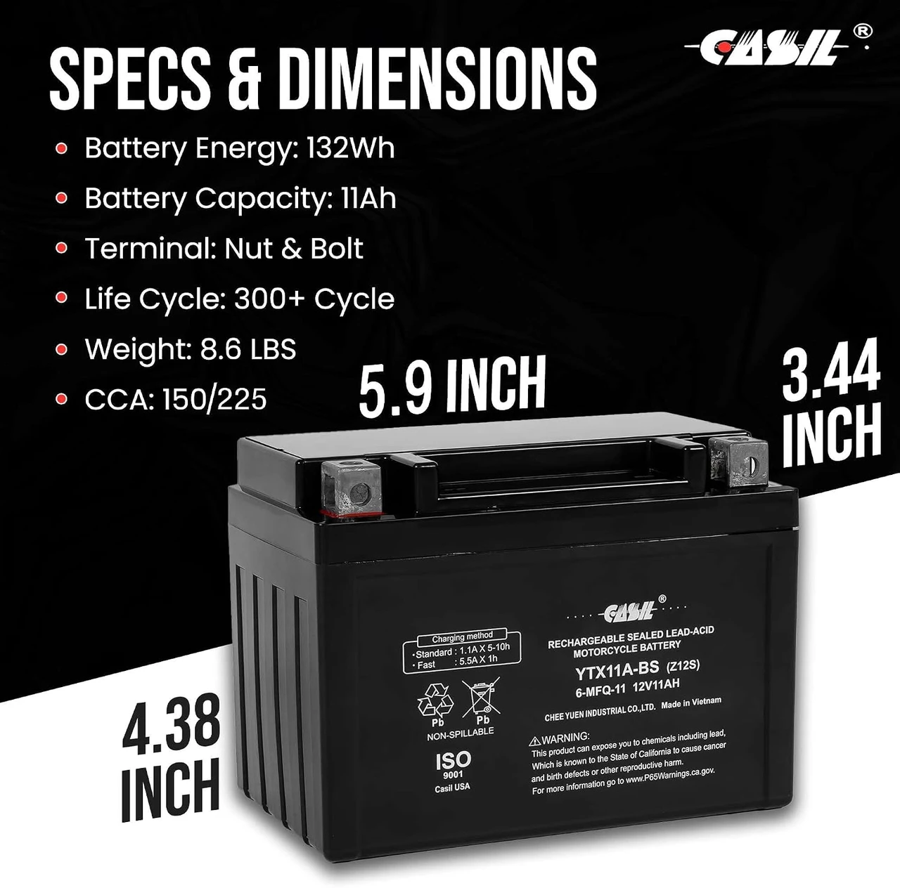 Casil YTZ12S 12V 11AH Battery for Honda 250 NSS250 Reflex 2001-2009, Power Sports Battery (YTZ12S)