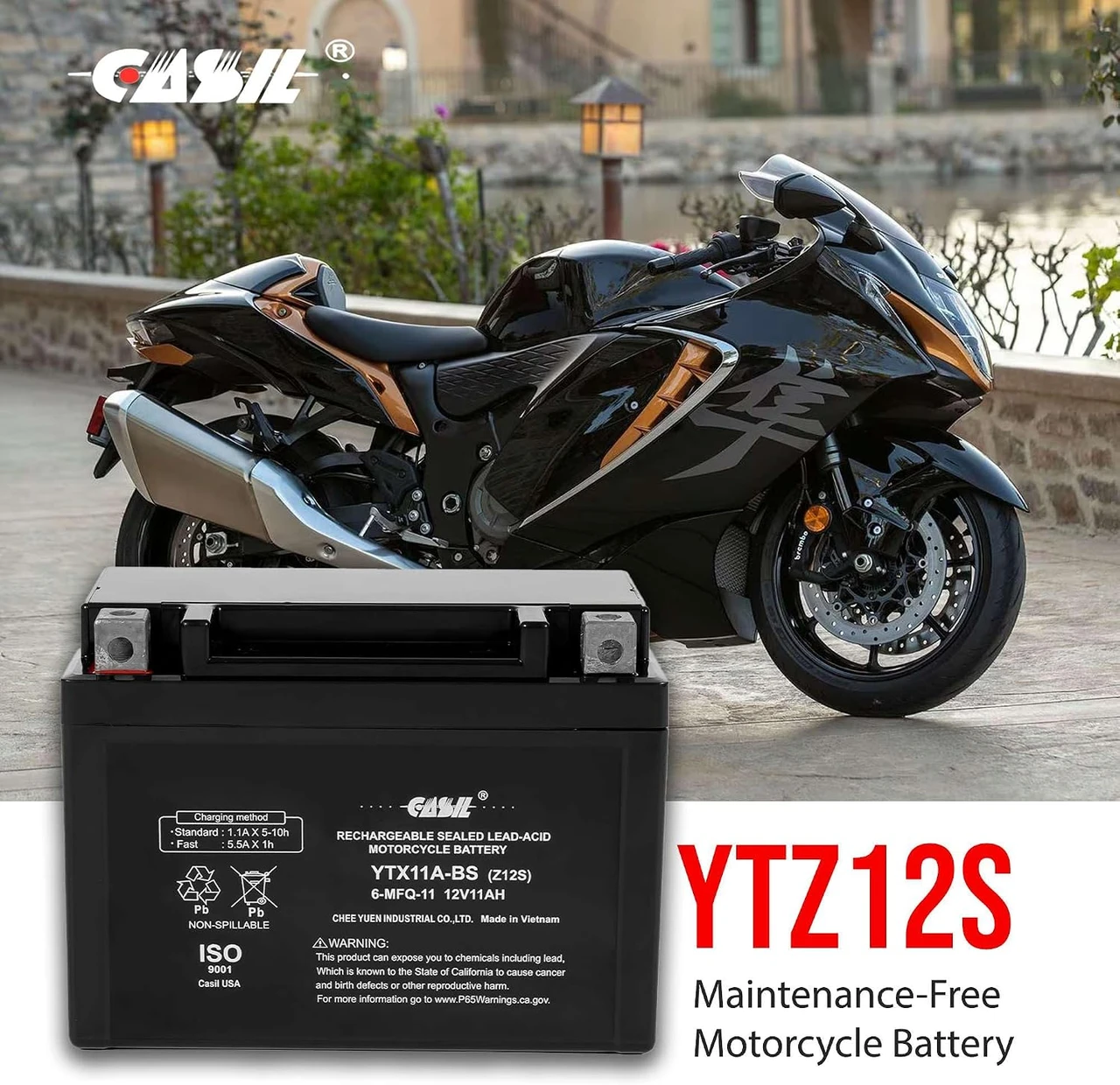 Casil YTZ12S 12V 11AH Battery for Honda 250 NSS250 Reflex 2001-2009, Power Sports Battery (YTZ12S)