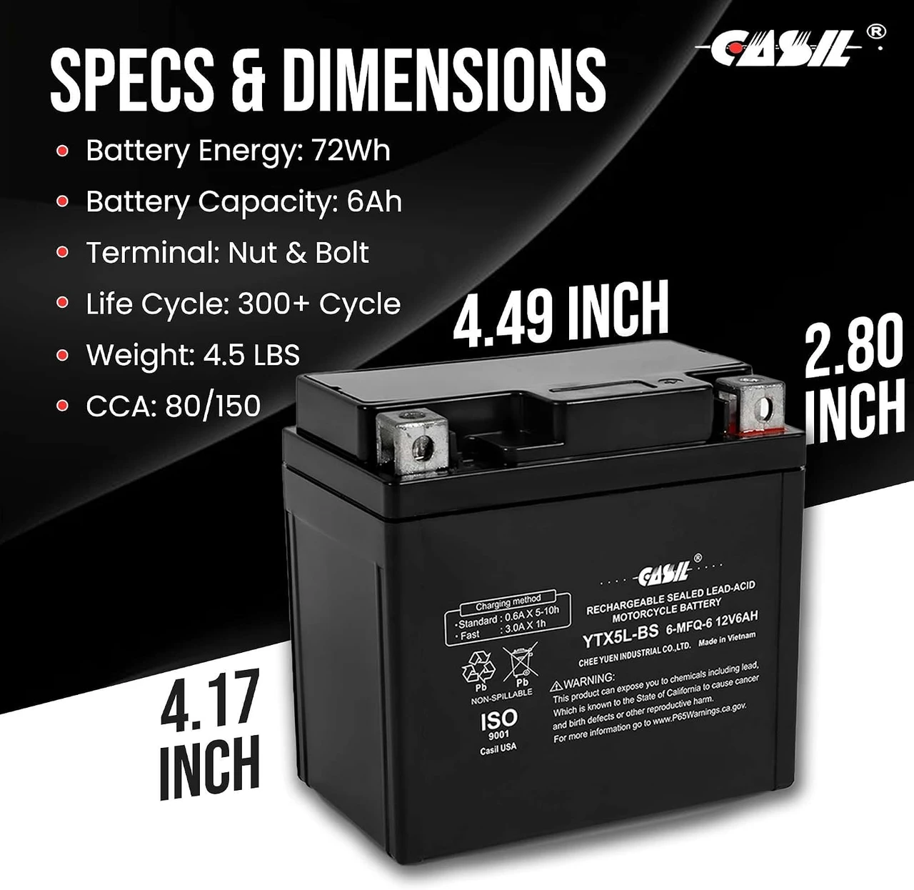 Casil YTZ7S 12V 6AH Battery AGM Power Sport Battery, Replace for Honda 50 CHF50 Metropolitan, II, SP '02-12 (YTZ7S)