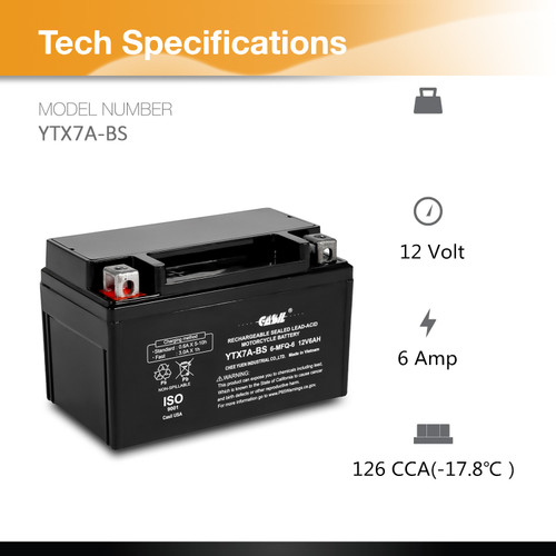 YTX7A-BS - 12V 6AH 105 CCA - SLA Power Sport Battery - Casil Battery
