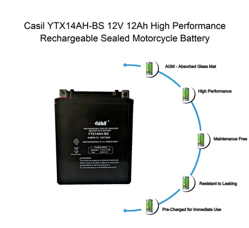 YTX14AH - 12 Volt 12AH 210 CCA - High Performance Maintenance Free SLA AGM Power Sport Battery - Casil Battery