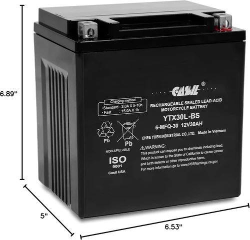Casil YTX30L-BS Power Sports Replacement Yuasa YIX30L Motorcycle Battery - Maintenance Free - Sealed AGM Battery ETX30L BS