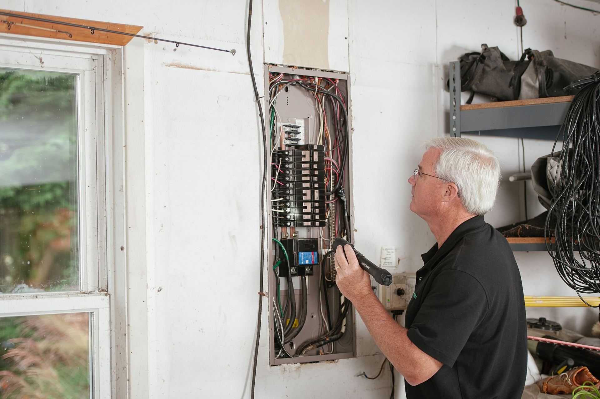 Electrician inspecting an open breaker panel with a flashlight