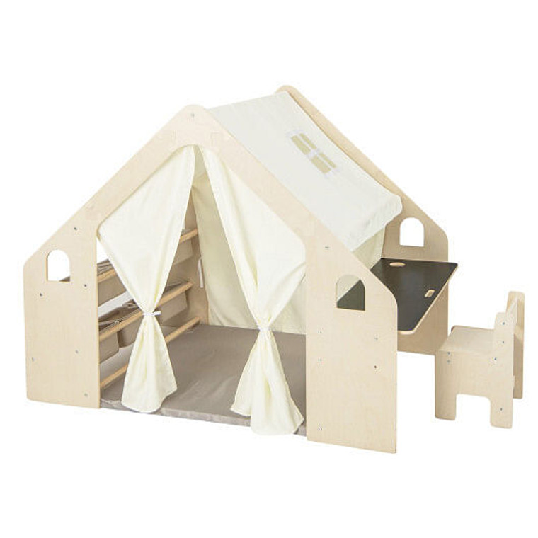 6-in-1 Kids Play Tent Playhouse with Blackboard 6 Storage Bins and Floor Cushion-Beige - Color: Bei D681-TP10178BE