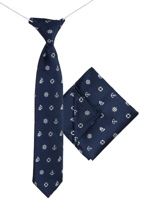 Boys navy elasticated tie and hanky set - Anchor