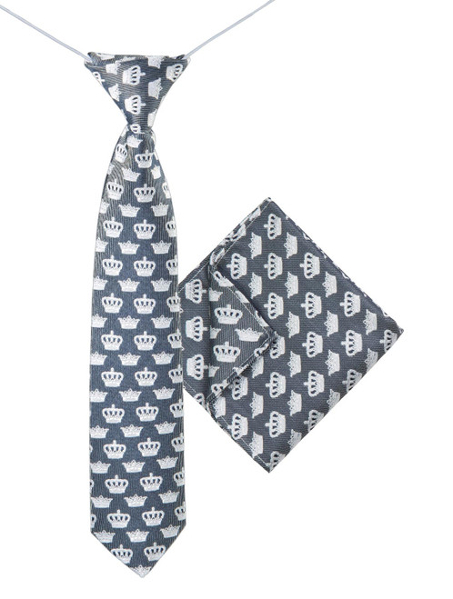 Boys navy elasticated tie and hanky set - Crown
