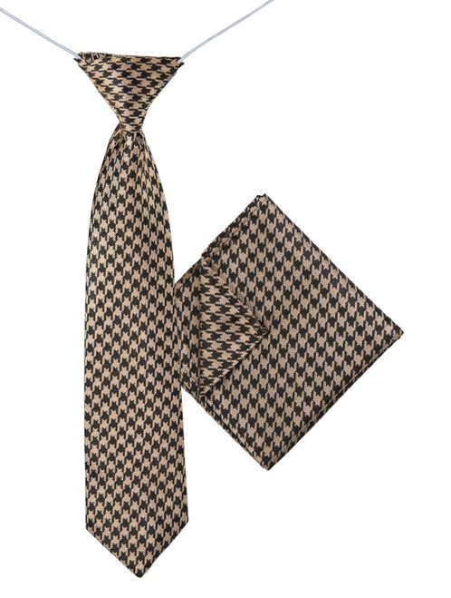 Boys brown elasticated tie and hanky set - Houndstooth