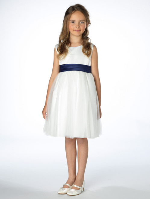 Girls ivory & navy wedding dress