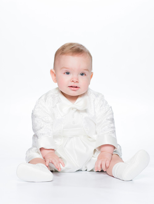 Baby boys cream christening romper suit