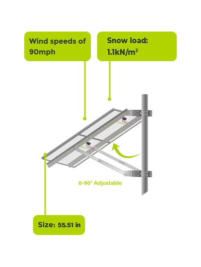 Newpowa Panel solar universal de doble brazo con poste de soporte y soporte  de montaje en pared, ángulo de inclinación de 0-90°, hasta 220W/30.31 de