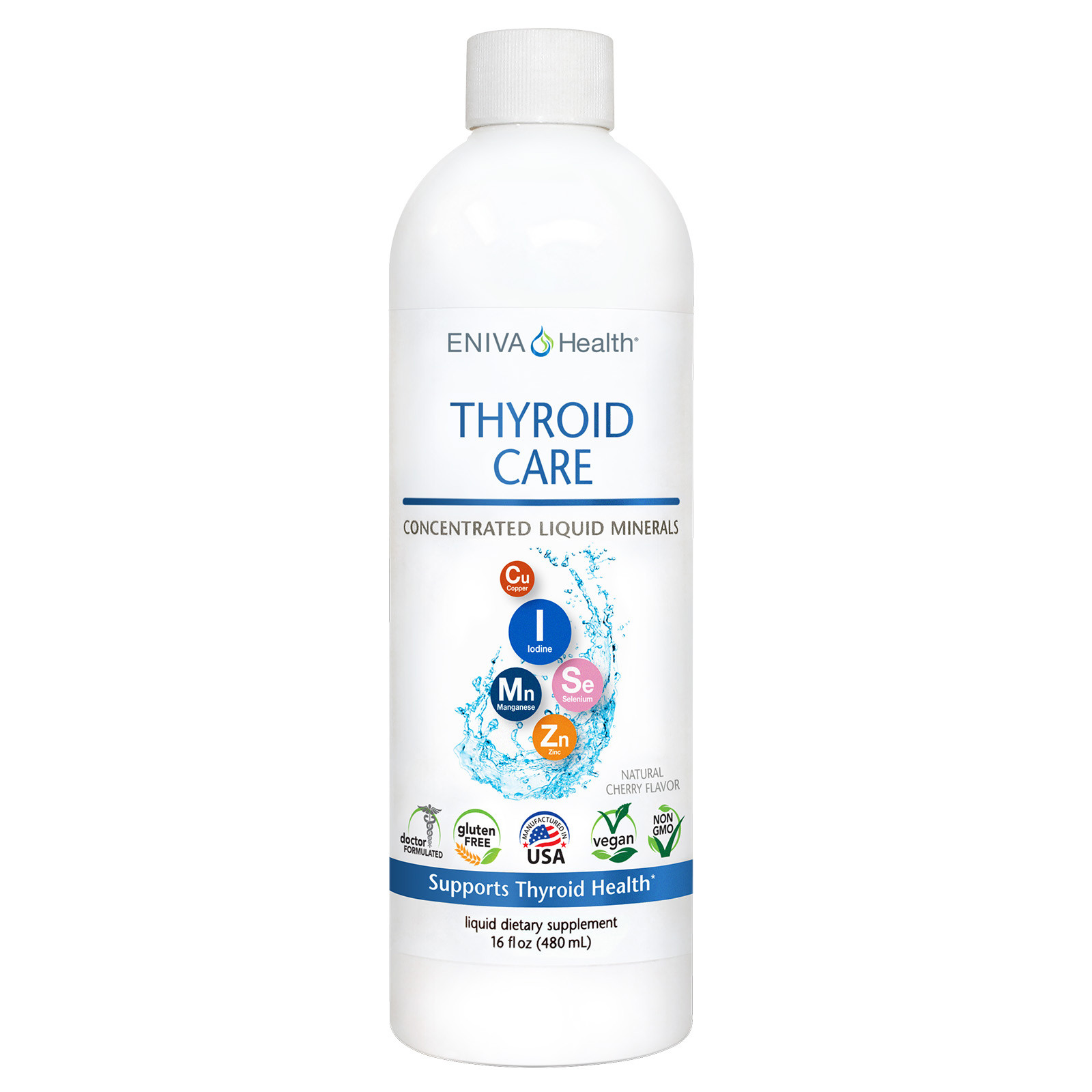 Eniva Minerals for Life Thyroid Care Multi Minerals, 16 oz, liquid dietary supplement for thyroid support, proper health of human body, especially thyroid gland, Cell-Ready minerals IODINE, ZINC, SELENIUM, COPPER and MANGANESE,  proprietary nutrient delivery system, solutomic, advanced aqueous delivery technology, potassium iodide, hormone regulation, immune system, cardiovascular, heart, radiation protection, thyroid gland, hormones influence almost every organ, neck gland, metabolism, heart rate, cholesterol levels, body weight, energy levels, muscle strength, controls and regulates temperature, skin, menstrual regularity, regular periods, memory, bowel function, potassium iodide, KI element,  natural salt, efficient uptake of iodine, radiation protection with potassium iodide, radiation contamination protection, properly functioning thyroid, fully saturate thyroid, prevent the absorption of harmful radioactive iodine, survival in an attack or accident, world health organization recommendations, FDA, Solutomic, Product ID 8029