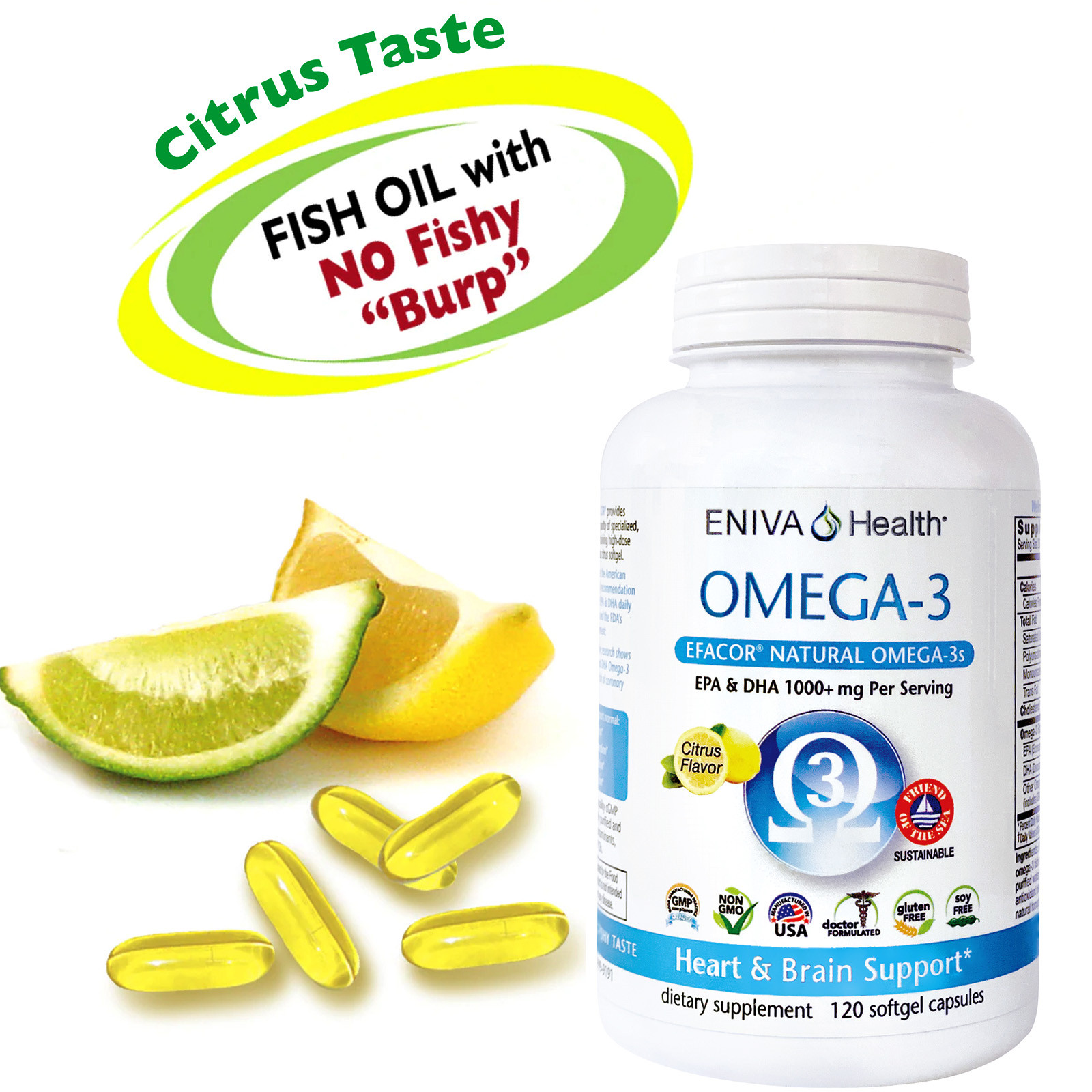 Omega 3 EPA/DHA Efacor, 60 caps, fish oil with no "fishy taste." Light citrus taste, whole body health, heart & brain health, High Potency Efacor, UltraPure, Meets the FDA Formulary Requirement for Making The Health Claim This Product May Reduce The Risk Of Cardiovascular Disease*, Premium Quality -  Heavy Metal Testing, Potency Verified and Sourced From Small Ocean Fish of Mackerel, Sardine & Anchovy, softgels, essential fatty acid, Eniva Product ID 13505