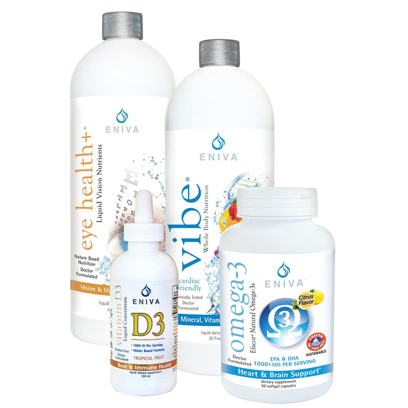 Liquid Eye Health Vitamins, Natural Nutrients for Eye Health and the macula of the eye, Eye Health Bundle contains: Eye Health+ with Zeaxanthin, Vitamin A (as beta-carotene), Vitamin B2, Vitamin C, Vitamin E, Zinc, Selenium, Grape Seed Extract, Copper; VIBE Daily Liquid Multivitamins for Immune Health; Vitamin D3; Omega-3 Fish Oil with EPA and DHA
