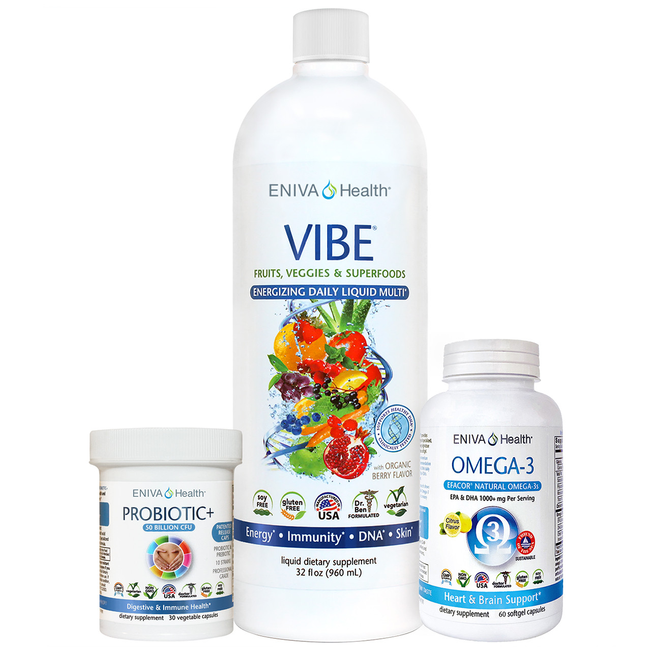 Nutrition Essentials Bundle, Efacor natural omega-3, Vibe Whole body nutrition, and Probiotics plus 50 billion CFU