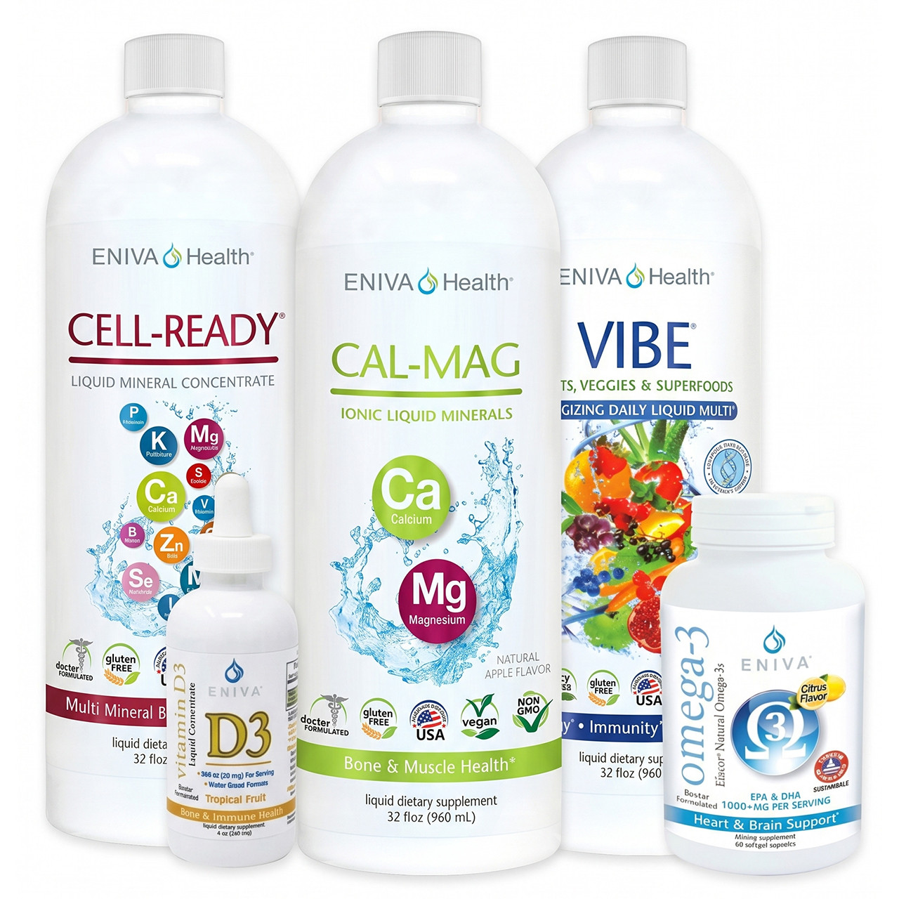 Eniva Bone Health* Program - Includes: VIBE Fruits & Veggies Daily Multi, Vitamin D3, Cal-Mag, Cell-Ready Minerals Flavored, Omega-3s 60 count