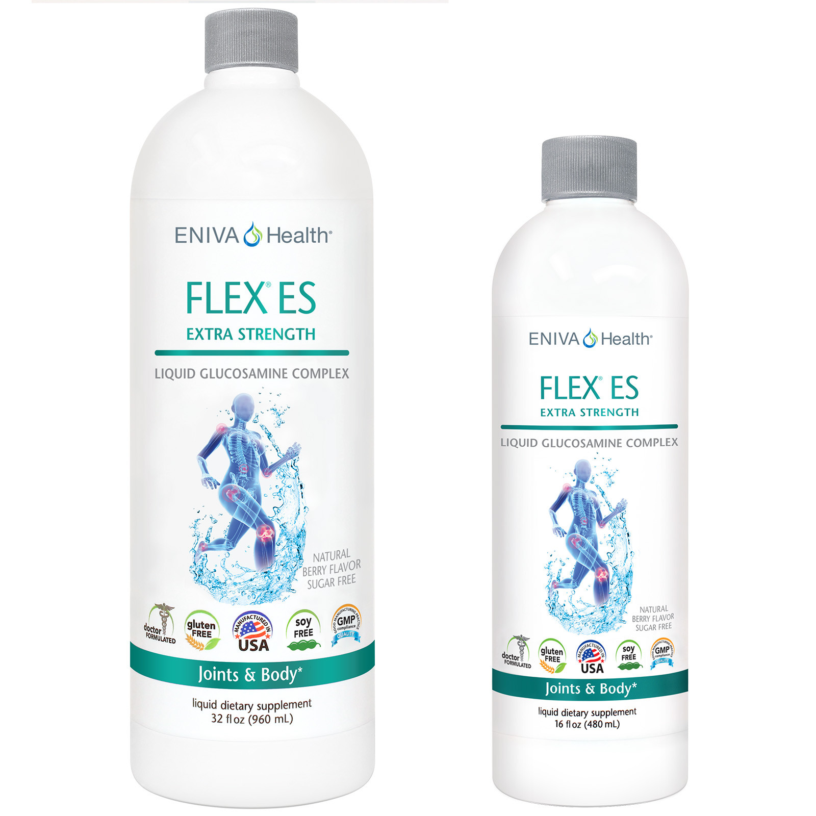 Eniva Full Spectrum Flex ES Liquid Glucosamine Joint Support, strengthen cartilage and connective tissue, joint mobility, address discomfort, Glucosamine, Chondroitin, MSM, Vitamin B5, Vitamin B6, joint structure and fluidity, Type II Collagen, articular cartilage, hyaline cartilage, collagen structures in cartilage, glycosaminoglycans, enzyme function, supports tendons and cartilage*