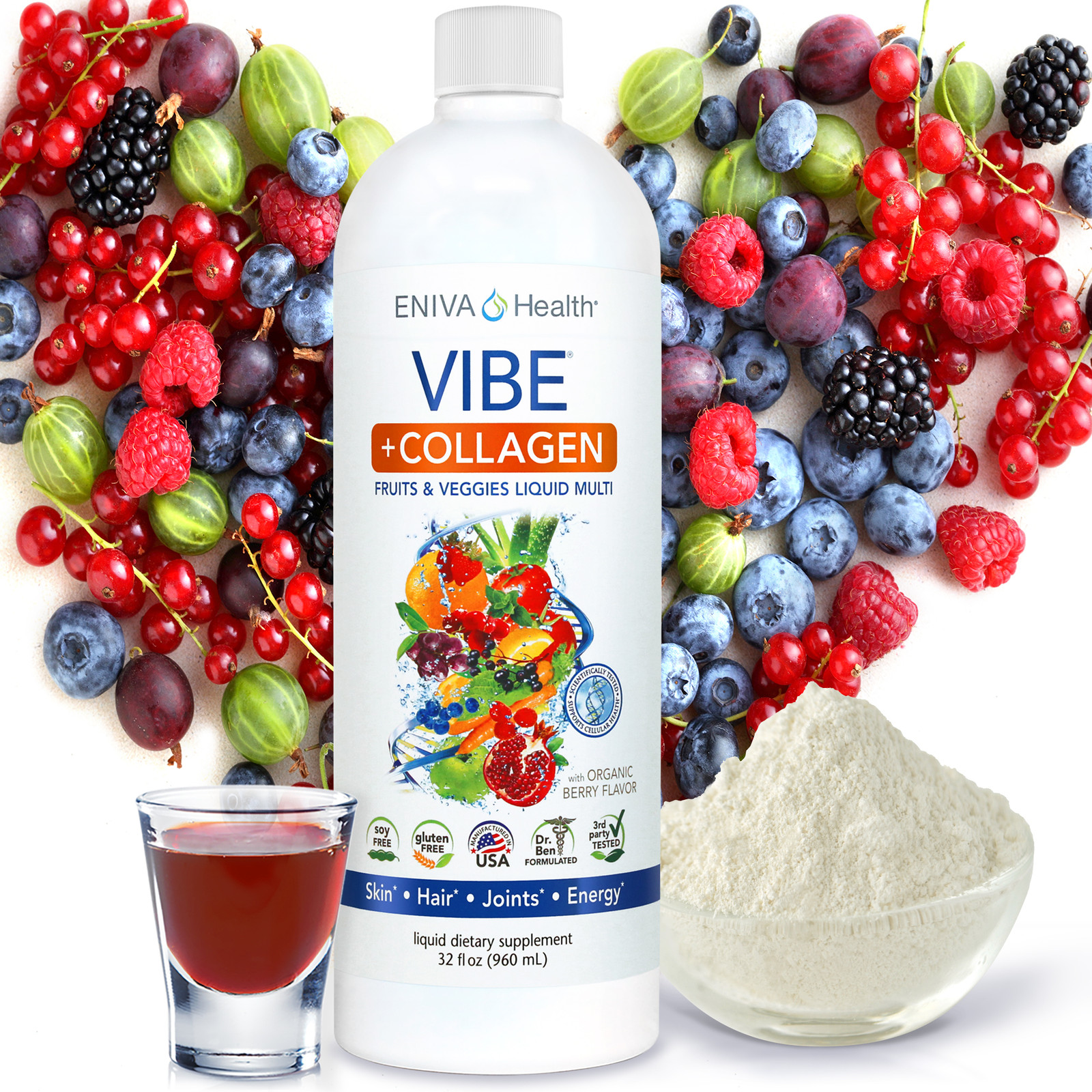 VIBE + Collagen Liquid Daily Multi, Superfoods, Collagen, Hyaluronic Acid, Healthy Aging, Collagen Supplement, Collagen Powder, Fruits & Veggies Daily Multi Vitamins, Liquid Supplement, 32 oz, ID 27060