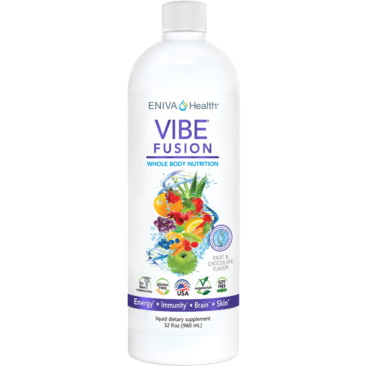 Eniva VIBE Fusion, a liquid daily multivitamin of whole food with a delicious taste! 32 oz, concentrated antioxidants, minerals, vitamins, fruits, vegetables, green tea EGCG green tea catechin complex, organic dark chocolate and cocoa, amino acids, phytonutrients, whole food nutraceutical, Full Spectrum nutrition, DNA support, Trans-resveratrol, Product ID 27033