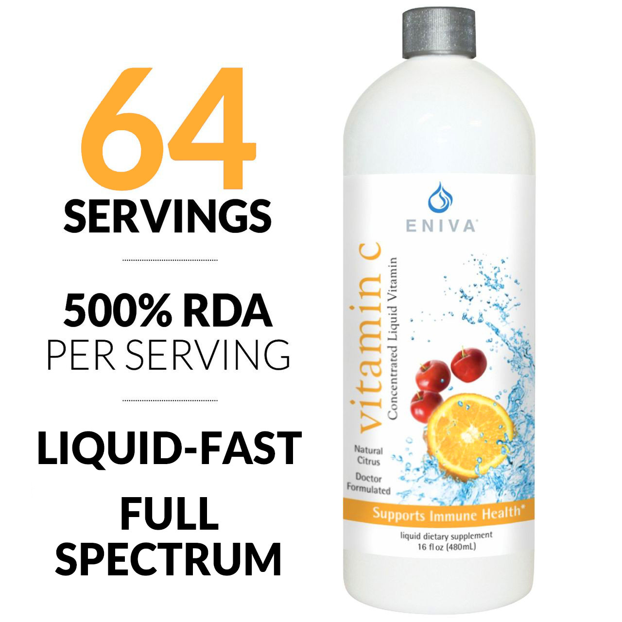 Vitamin C liquid from Eniva Full Spectrum‚Ñ¢ Vitamin C Liquid Concentrate provides the essential human nutrient of Vitamin C in concentrated liquid form, natural orange taste, fast-acting, liquid formula contains Vitamin C from a blend of sources, including whole food based components. The Full Spectrum combination supports the body's general health and vital immune functions. Eniva, Product ID 9002
