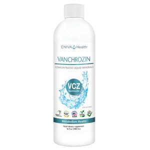 Eniva Liquid Minerals for Life VanChroZin, 16 oz, liquid concentrate, dietary supplement, Cell-Ready minerals, VANADIUM, CHROMIUM, ZINC, proprietary nutrient delivery system, healthy blood glucose levels, weight management, normal fertility, healthy and normal growth, healthy sugar levels in body, diabetes nutrient support, hypoglycemia support, dietary support with insulin use, solutomic, advanced aqueous delivery system, ionic minerals, Product ID #8006