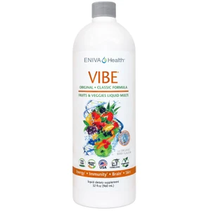 Eniva VIBE Original liquid daily multivitamin, 32 oz, Full Spectrum Nutrition, Cellular Support, clinically studied, nature based nutraceutical, potent antioxidants, essential daily nourishment, daily multi vitamins, fast acting, bio-ready liquid design, concentrated antioxidants, minerals, vitamins, amino acids, fruits, vegetables,  specialized phytonutrient ingredients, healthy living, antioxidant strength, Four Specialized Nutritional Blends, SoluMAX Immune Health, AntiOX2 Healthy Aging, HeartPRO Cardiovascular, CollaMAX Cellular Health, Clinically Tested, Doctor Formulated, No Irradiation, No Pasteurization, Gluten Free, Vegetarian Friendly, No Fish Ingredients, Whole Body Nutrition, enhanced absorption, bioavailability of pharmaceutical food-grade natural nutrients, healthy function of human body, Product ID 27006
