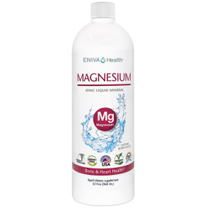 Eniva Minerals for Life Magnesium Liquid Concentrate, 32 oz, Cell-Ready mineral, essential nutrient, over 300 enzymatic reactions, nervous system, neuromuscular transmission, bone support, bone strength, cellular energy, adenosine triphosphate, biologic energy, bone health, calcium balance in blood vessels, airway health, muscle health, normal involuntary body movements, proper growth, happy mood, eating habits, cardiovascular electrical impulses, heart support, Monthly feminine health, PMS, healthy weight, Product ID 8209