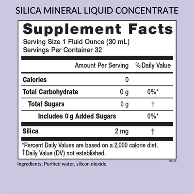 Eniva Minerals for Life Silica Liquid Concentrate, 32 oz, Cell-Ready mineral,  back panel label, supplement facts, nutritional facts, ingredient facts, Product ID 8206