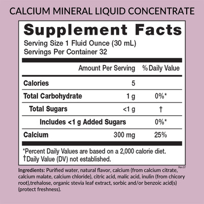 Eniva Calcium Minerals for Life Liquid Minerals Supplements Concentrate, 32oz, back panel label, Supplement Facts, Nutritional Facts, Ingredient Facts, Product ID 8202