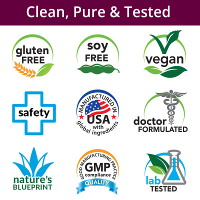 Gluten Free, Soy Free, Vegan, Safety, Manufactured in USA with Global Ingredients, Doctor Formulated, Nature's Blueprint, GMP Manufacturing, Lab Tested