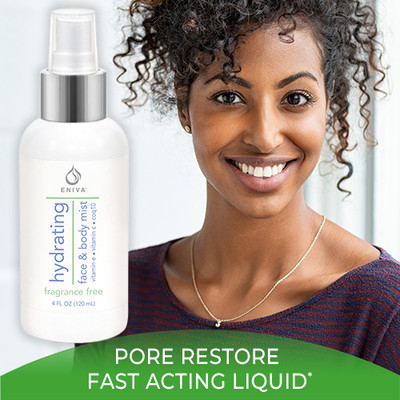 Eniva Premium Face & Body Spray, Pore Restore, Woman Smiling, Ultra-Fine Mist Glow Everyday