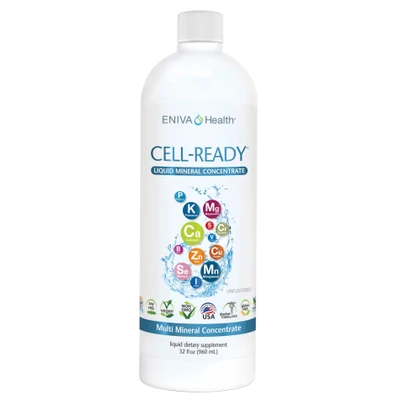 Eniva Cell-Ready UNFLAVORED, liquid minerals supplement 32 oz, multi minerals, liquid dietary supplement, natural daily multi, all natural, physiologic balance of minerals, Solutomic¬Æ technology, advanced aqueous mineral nutrition, nutritional balance, mineral ions, ionic minerals, sparkling clear solution, quicker and faster absorption than tablets or capsules, quick dissolve in digestive system, bioavailable nutrients, Solutomic, submicron mineral ions, enhanced absorption, Aqueous Stabilization, Product ID 17000