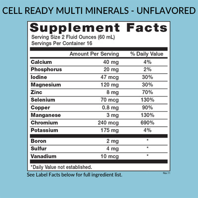 Eniva Cell-Ready UNFLAVORED Multi Minerals, 32 oz, best liquid minerals, liquid dietary supplement, back panel label, Supplement Facts, Nutritional Facts, Ingredient Facts, Product ID 17000