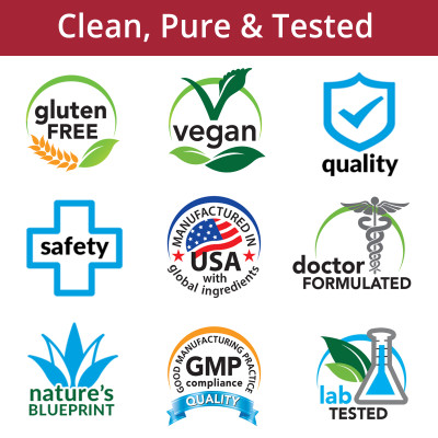 Gluten Free, Vegan, Quality, Safety, Manufactured in USA with Global Ingredients, Doctor Formulated, Nature's Blueprint, GMP Manufacturing, Lab Tested