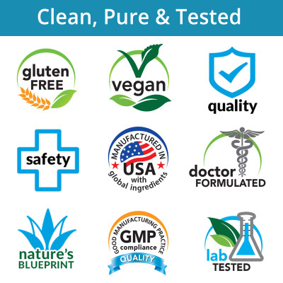 Gluten Free, Vegan, Quality, Safety, Manufactured in USA with Global Ingredients, Doctor Formulated, Nature's Blueprint, GMP Manufacturing, Lab Tested