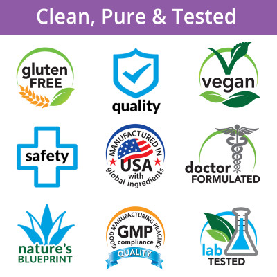 Gluten Free, Quality, Vegan, Safety, Manufactured in USA with Global Ingredients, Doctor Formulated, Nature's Blueprint, GMP, Lab Tested