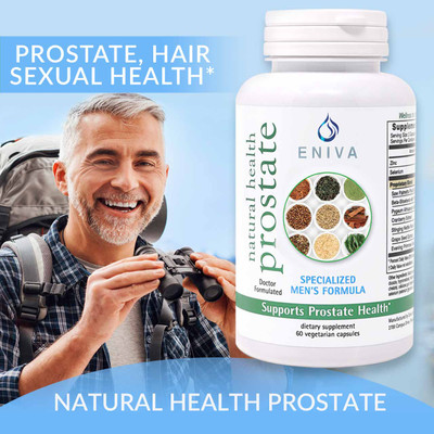 Eniva Natural Health Prostate, 60 caps, health of the male prostate, encourages healthy hair follicles, shared hormonal pathways, prostate health, urinary flow, male sexual organs, health and size of the aging male prostate, normal urinary frequency, healthy bladder function, healthy hair follicles, male hormonal balance, hair growth, fullness and strength, testosterone and DHT pathways, sexual health, hormonal balance, testosterone balance, BPH prostate enlargement, balding,* Saw Palmetto, Beta-Sitosterol, Cranberry Extract, Pygeum Africanum Bark, Evening Primrose Oil, Grape Seed Extract, Selenium, Zinc, Pumpkin Oil, Product ID 26005