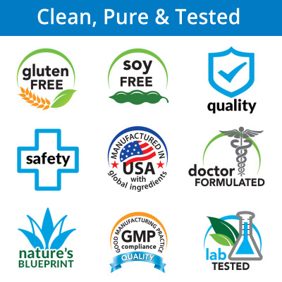 Gluten Free, Soy Free, Quality, Safety, Manufactured in USA with Global Ingredients, Doctor Formulated, Nature's Blueprint, GMP Manufacturing, Lab Tested