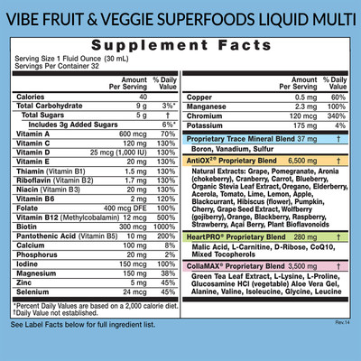 Eniva VIBE Fruit Sensation, 32 ounce bottle, Supplement Facts