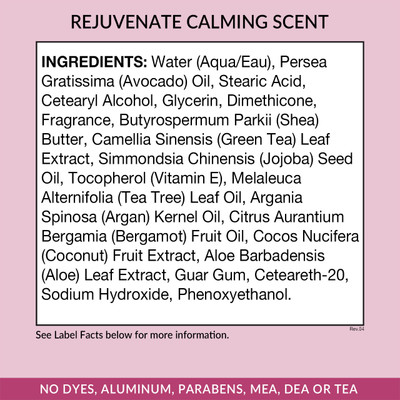 Eniva Rejuvenate Natural Therapy Cream, Calming Scent, natural skin cream back panel, Ingredient Facts, Product ID 530123 and 530124