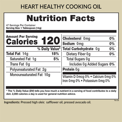 Omega 9 Heart Healthy Cooking Oil, 24 oz, Nutrition Facts