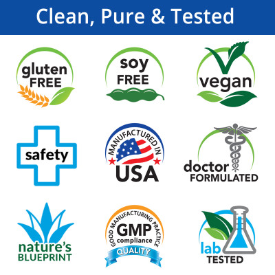 Gluten Free, Soy Free, Vegan, Safety, Manufactured in USA, Doctor Formulated, Nature's Blueprint, GMP, Lab Tested