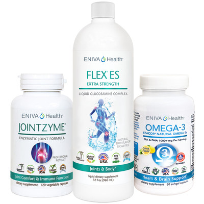 Joint Relief Bundle contains Eniva Liquid Flex ES Joint Suppoort, 32 oz, JointZyme Enzymes, Omega-3s EPA/DHA Essential Fatty Acids - ID 32030R