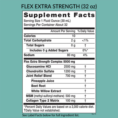 Eniva Full Spectrum Flex ES Liquid Glucosamine Joint Support, 32 oz, Supplement facts,  Nutrition Facts, Ingredient Facts, Product ID 11017