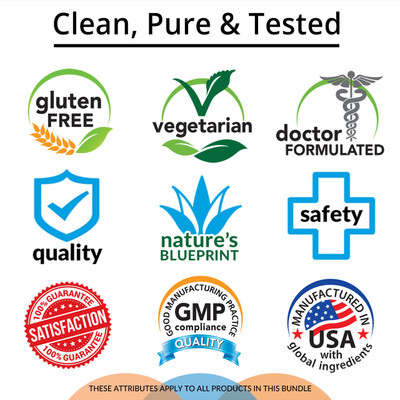 Gluten Free, Vegetarian, Doctor Formulated, Quality, Nature's Blueprint, Safety, Satisfaction Guarantee, GMP, Manufactured in USA with Global Ingredients